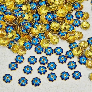 Blue enamel flower bead caps in gold finish for DIY jewelry making and bracelets