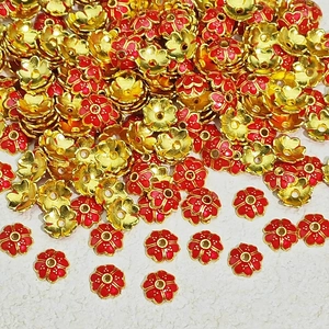 Golden five-petal flower bead caps with red enamel for jewelry making and DIY bracelets
