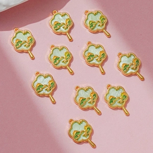 Traditional fan-shaped landscape pendants with green enamel and gold plated alloy