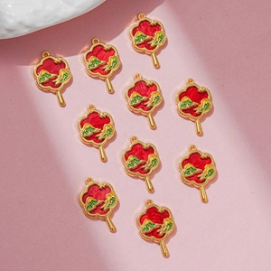 Traditional gold folding fan charms with red and green mountain pattern for DIY jewelry