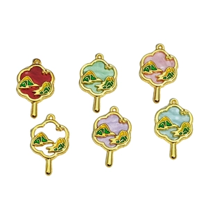 Set of 6 Chinese style fan pendants with mountain patterns and enamel finish