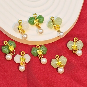 Alloy Gold Plated Bow Pendant With Faux Artificial Pearl And Imitation Jade For DIY Jewelry Making Accessory For Women Craft Supply