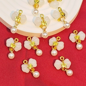 Exquisite bowknot pearl pendant with gold flower core and faux jade for DIY jewelry making