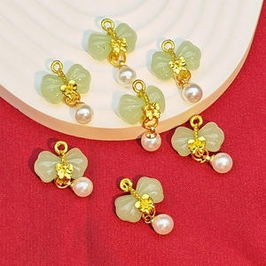Bowknot pendant with green faux jade and pearl for DIY jewelry making accessories