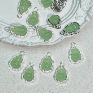Green faux jade gourd pendants with silver metal base and Fu character for jewelry making