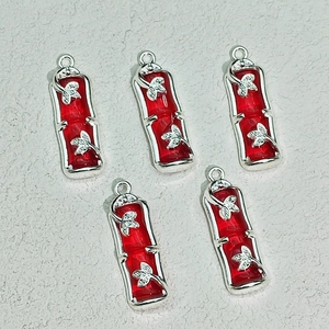 Set of five red resin rectangular pendants with silver leaf metal frames for DIY jewelry