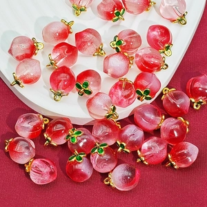 Pink gradient crystal peach pendants with green leaves and gold rings for DIY jewelry