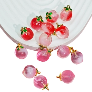 Delicate crystal peach pendants with green leaves and gold rings for DIY jewelry making