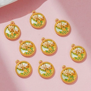 Set of 9 vintage gold-plated lotus flower charms with enamel finish for DIY jewelry