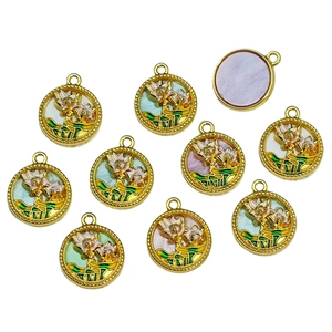 Traditional Chinese style lotus flower pendants with golden enamel finish and pearlized inlay