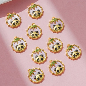 Ciondoli panda dorati con bambù per gioielli fai-da-te con finitura smaltata viola