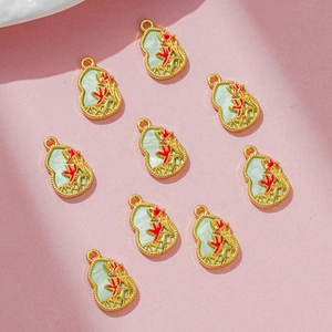 Set of 9 gold-plated gourd pendants with green enamel for DIY jewelry making