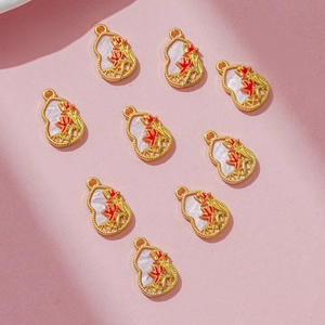 Golden gourd pendants with red flower patterns for DIY necklaces and bracelets