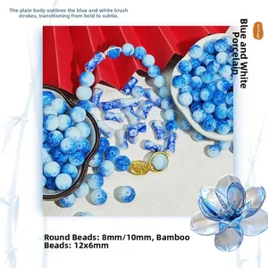 Detail view of blue and white porcelain beads in round and bamboo shapes for DIY jewelry