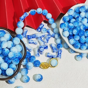 New Chinese Style Blue and White Porcelain Pattern Glass Beads DIY Jewelry Making Accessory Bamboo Joint Round Loose Beads
