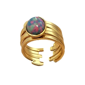 Anello multistrato in acciaio al titanio dorato con opale colorato e regolabile