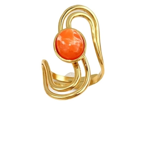Bague ouverte minimaliste en acier doré avec pierre naturelle ronde orange