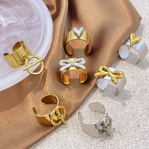 Fashionable 18K gold and silver plated stainless steel open rings with heart and bow designs