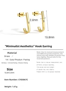 Detail view of 19.8mm brass curved stud earrings with dimensions and cubic zirconia studs