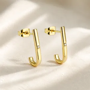 Minimalist Geometric J-Shaped Hook Stud Earrings With 925 Sterling Silver Earring Post Gold Brass Zirconia Jewelry For Women