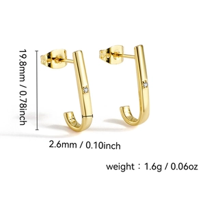 Minimalist J-shaped gold-tone stud earrings with round cubic zirconia stones for women