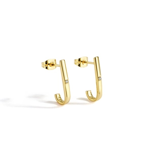Minimalist gold J-shaped curved earrings featuring a sparkling inset zircon stone