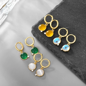 Fashionable gold-plated hoop earrings with multi-colored natural stone charms for women