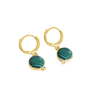 Golden geometric hoop earrings with green malachite stone pendants and zircon accents