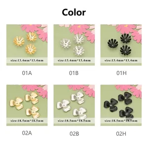 Detailed view of flower metal bead caps in 13.4mm and 18.5mm sizes for DIY jewelry