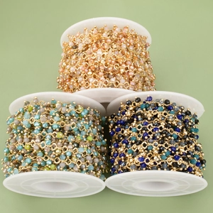 Three rolls of gold-plated copper chain with colorful zircon beads for DIY jewelry making
