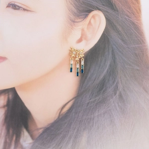 18k gold plated tassel earrings with gradient rectangular zircons and leaf design