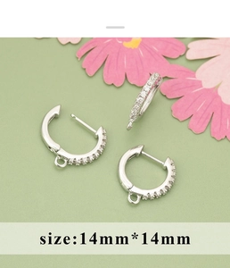 Detailed 14mm silver zircon hoop earrings with hanging loop for DIY jewelry making