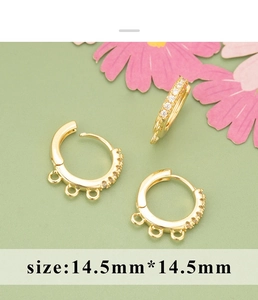 Detail of 14.5mm 18K gold-plated earring hoop with zircon pave and three hanging loops