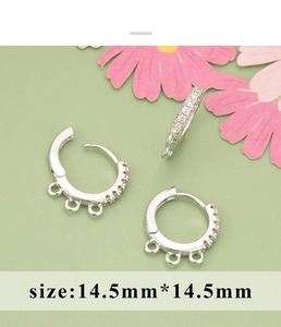 Close-up of 14.5mm silver zircon earrings with three loops for DIY jewelry making