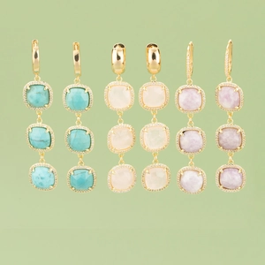 Three-tier drop earrings with colorful square crystals and gold plated metal hoops