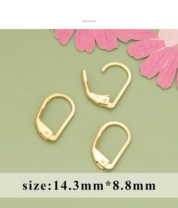 Close-up of 18K gold plated leverback earring hooks with size detail 14.3mm by 8.8mm