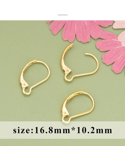 Close-up of three 18K gold-plated leverback earring hooks measuring 16.8mm by 10.2mm