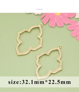 Detail of pavé zircon flower charms for jewelry making, size 32.1mm by 22.5mm
