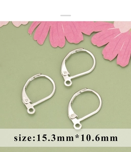 Detailed view of silver French ear hooks with lever back closure and size 15.3x10.6mm