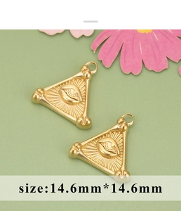 Detailed view of gold triangular All-Seeing Eye pendant charm with 14.6mm size marking