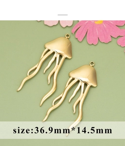 Detailed view of two gold jellyfish charms for DIY jewelry making with dimensions 36.9mm x 14.5mm