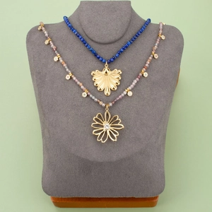 Vintage titanium stalen gelaagde ketting met blauwe kralen en holle bloemhanger