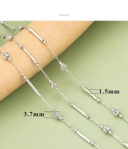 Detail of DIY floral bead chain with 1.5mm tubes and 3.7mm hollow beads in silver