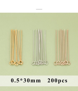 Three colors of 0.5x30mm eye pins for DIY jewelry making in gold, silver and rose gold