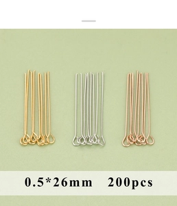 Detailed view of 0.5x26mm metal eye pins in gold, silver, and rose gold for DIY jewelry