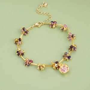 18K gold-plated bracelet featuring colorful beaded clusters and a heart-shaped zircon pendant