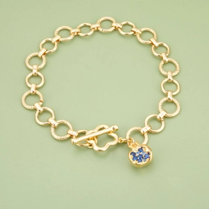 18K gold plated chain bracelet with blue zircon pomegranate pendant and T-bar clasp