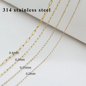 Golden 314 stainless steel paperclip chains in four different sizes 0.2mm to 0.4mm
