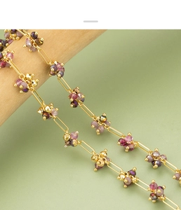 Detail of gold-plated paperclip chain with purple and pink faceted beads for DIY jewelry