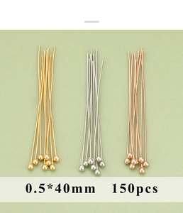 Detailed view of 0.5x40mm ball head pins in gold, silver, and rose gold for DIY jewelry
